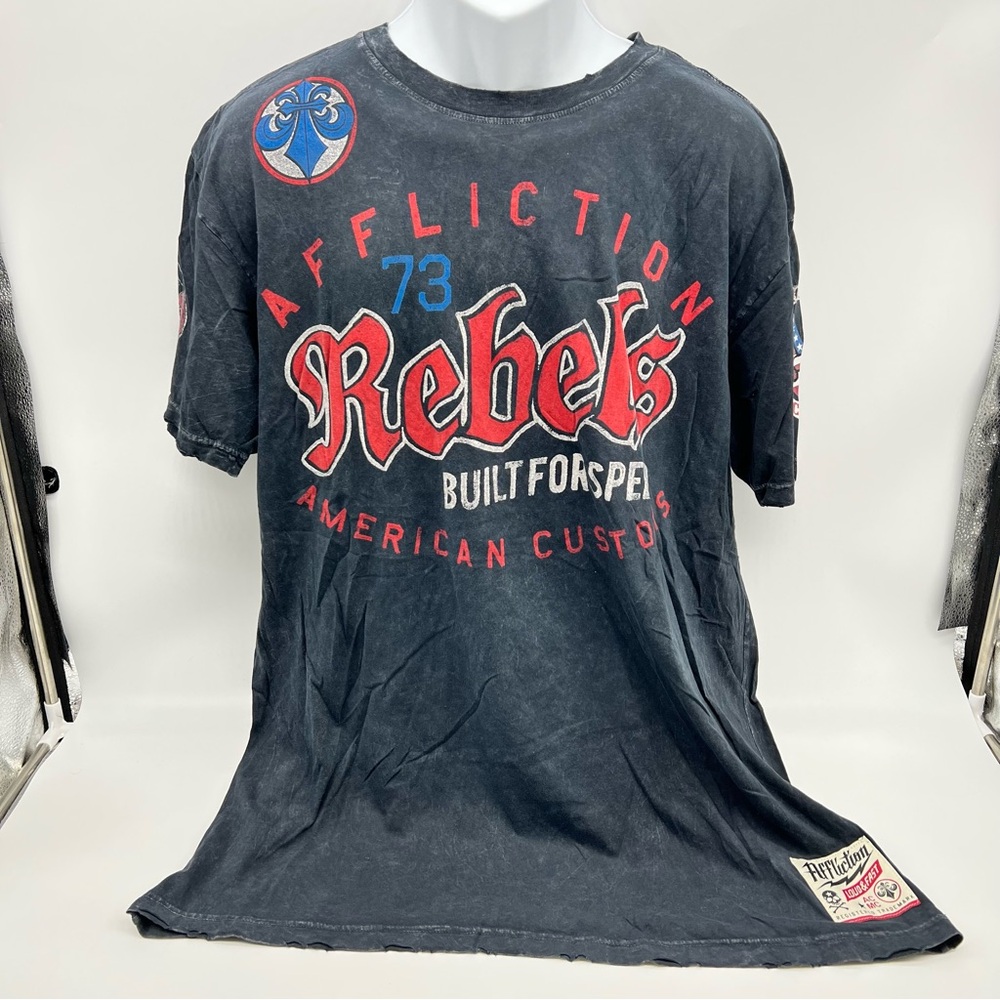 Affliction American Customs Black Short Sleeve Graphic Tee Red/ White/Blue Print
